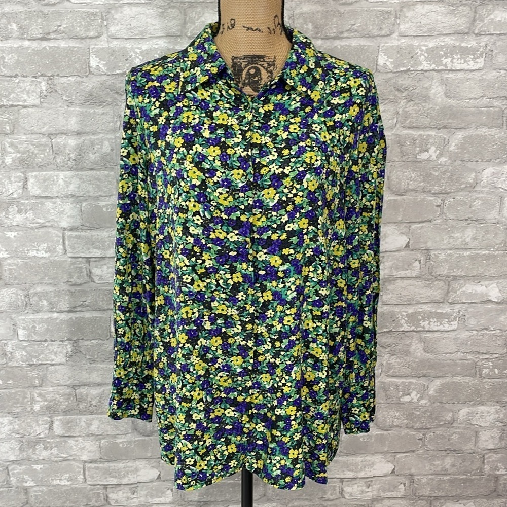 Zara Blue And Yellow Floral Button Down Shirt